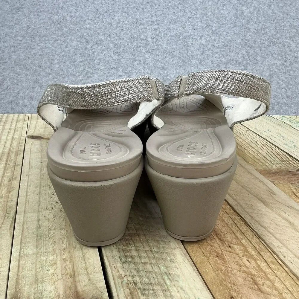 Crocs Leigh Ann Slingback Wedge Heels Womens Sz 10 Beige Fabric Sandals 205261